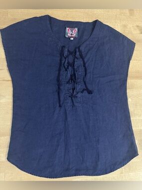 Johnny Was Navy Lace-Up v neck blouse top